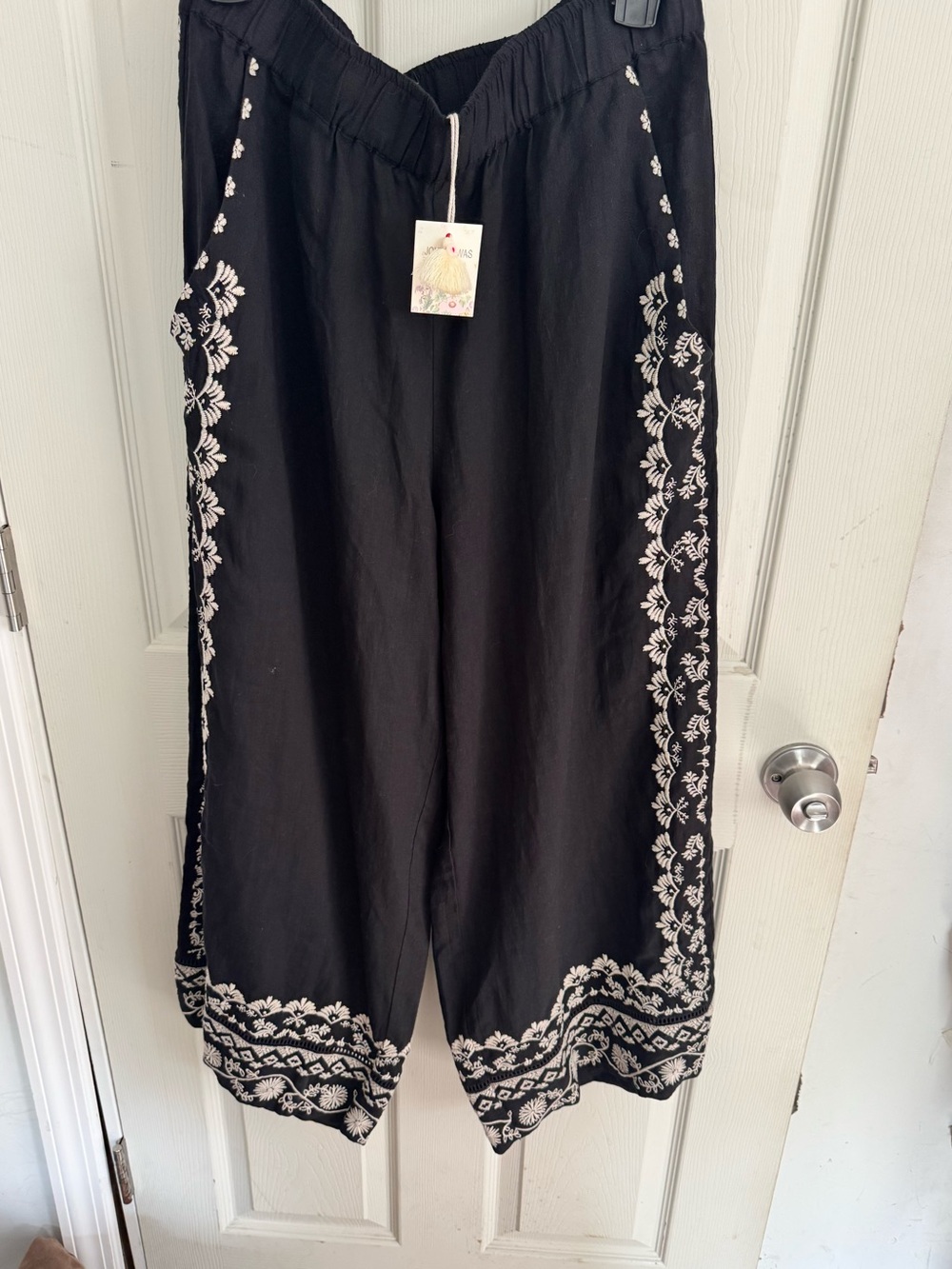 Johnny Was Workshop Pants Womens M Black Embroidered Linen Wide Leg NWT - Picture 4 of 16